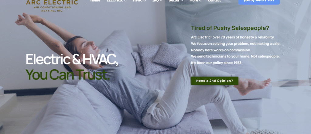 arc electric and hvac website homepage